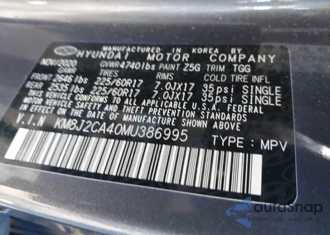 2021 Hyundai Tucson Se z USA, uszkodzony, nr VIN KM8J2CA40MU386995